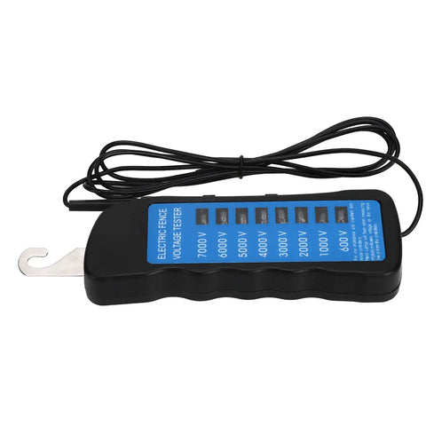 Ranch Ready Heavy Duty Electric Fence Voltage Tester highlighting eight bright neon readings from 600 to 7000 volts