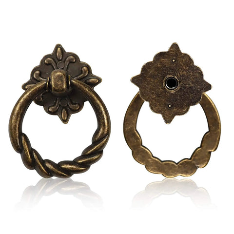 Front and back view of 6 Pieces Vintage Bronze Drop Ring Knobs And Pulls For Dresser Drawers Cabinets, Antique Single Hole Decorative Hardware