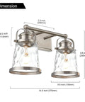 2 Light Vanity Light Fixtures In Modern Brushed Nickel Finish For Bathroom Over Mirror Industrial Sconces Wall Lighting With Hammered Glass Shades Vintage Industrial Style Boss Level Glow Ready To Install dimensions