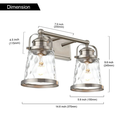 2 Light Vanity Light Fixtures In Modern Brushed Nickel Finish For Bathroom Over Mirror Industrial Sconces Wall Lighting With Hammered Glass Shades Vintage Industrial Style Boss Level Glow Ready To Install dimensions