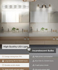 Comparison of modern black vanity light fixtures vs incandescent bulbs over a bathroom mirror