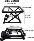 Sturdy Black Single Scissor Electric Lift Table With Height Adjustable Hydraulic Scissor Platform For Heavy Duty Material Handling In Your Warehouse size details measuring 40cm x 32cm with hydraulic motor.