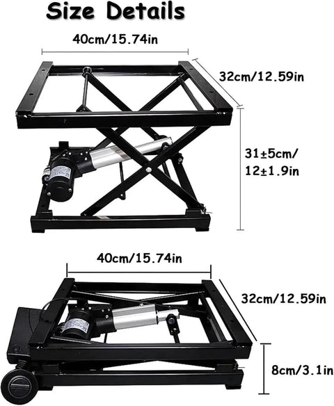 Sturdy Black Single Scissor Electric Lift Table With Height Adjustable Hydraulic Scissor Platform For Heavy Duty Material Handling In Your Warehouse size details measuring 40cm x 32cm with hydraulic motor.