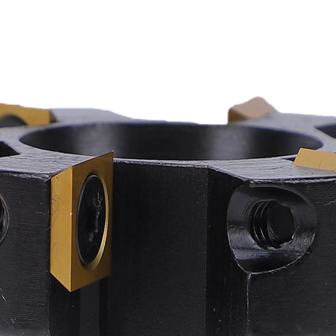 Close-up of Top Tier 2 Inch Slab Flattening Router Bit Featuring Six Durable Carbide Inserts With A 1/2 Inch Shank, detailed view.