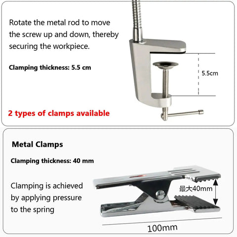 Two clamp designs for Heavy Duty Flexible Gooseneck Work Light With Dual Clamp Options For Home Or Office Spot Lighting On CNC Machines Lathes And Industrial Scenes Featuring Iron Grip Lamp Fixture.