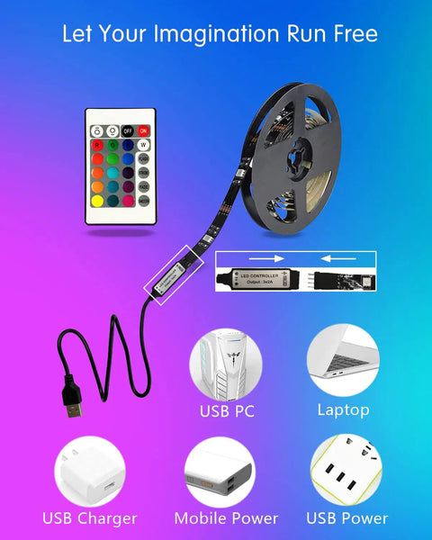 USB Powered RGB 15 Color LED Strip Lights With Remote Control 6.56ft shown with remote and USB power options.