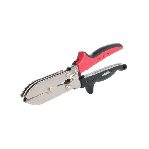 C5R 5-Blade Crimping Tool For Round Duct And Stove Pipe with ergonomic redline handles and metal blades, side view