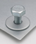 Close-up of 1/4 in x 1-1/4 in stainless steel fender washer with bolt on silver metal plate