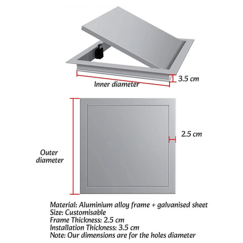 Heavy Duty Metal Access Panel Drywall Inspection Door Crafted From Rugged Galvanized Steel And Aluminum Designed For Seamless Ceiling Installations Rust Proof Finish showing dimensions and features.