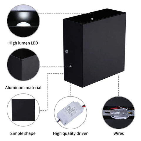 Diagram of 2 Pack LED Wall Sconce 10W Hardwired Modern Black Up Down Wall Lamps For Living Room with parts labeled