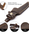 Horizontal Knife Sheath For 5 Inch Blade, Lightweight 0.15lb Belt Holster With Compact Draw, Dark Brown, button closure detail