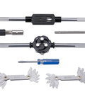 Front view of a 60-piece master tap and die set; SAE #4–1/2 in and metric M3–M12 with die stocks, taps, and wrenches