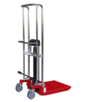 Heavy Duty Manual Hydraulic Pedal Driven Stacker Lift Truck With Robust Forks For 800 Lbs Warehouse Pallet Moving And Stacking Jobs with red fork.