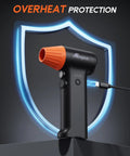 Cordless Air Duster 130000 RPM With 3 Gear Speed Handheld Blower Rechargeable; side view showing charging port and overheat protection.
