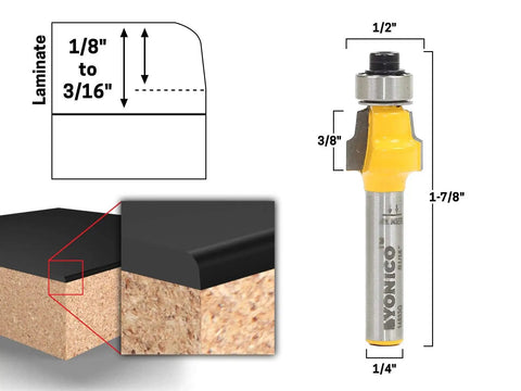 No File Radius Router Bit Pro Grade 1/4 Inch Shank, 1/16 Inch Radius Edge Trim For Laminates Up To 3/16 Inch Thick