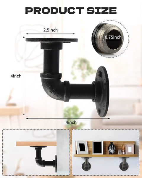 Built Tough Pipe Shelf Brackets Set 4 Pack Black L Shaped Iron Shelving Brackets For Shelves Industrial Vintage DIY 4x4 Inch