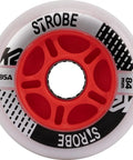 Close-up of Strobe 84mm LED Skate Wheel with red core and magnetic spacer tech, featuring size markings and durable design.