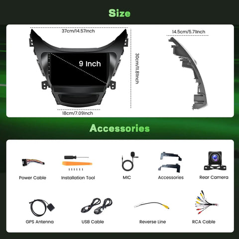Hyundai Elantra 2011 2012 2013 Android Car Stereo With 9 Inch Touch Screen Slick Dash Kit display and accessories layout.