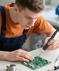 Person using 60W LED Display Soldering Iron Kit With Ceramic Heater on a circuit board, showcasing adjustable temperature soldering gun.