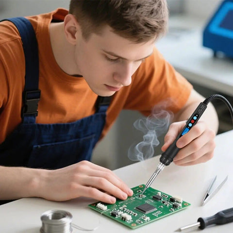 Person using 60W LED Display Soldering Iron Kit With Ceramic Heater on a circuit board, showcasing adjustable temperature soldering gun.
