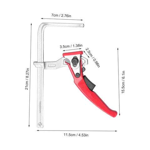 Heavy Duty Ratcheting Table Clamp Hardcore Rail Fixture For Woodworking, 21 cm length, chrome steel, red handle.