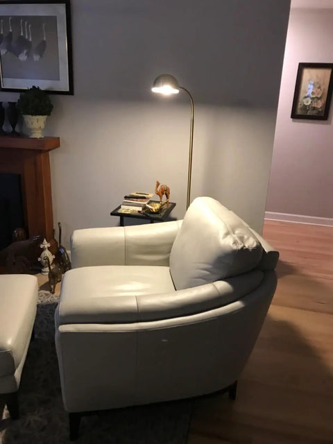 Slim LED Floor Lamp With Adjustable Gooseneck Free Standing Corner Pole Light beside a sofa in living room, brass gold finish