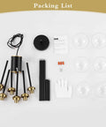 Packing list for Six Light Sputnik Chandelier Pendant Light With 4.7 Inch Glass Globe Shades, black fixture components.