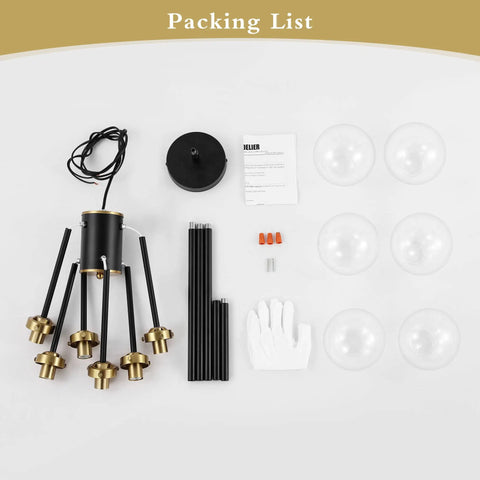 Packing list for Six Light Sputnik Chandelier Pendant Light With 4.7 Inch Glass Globe Shades, black fixture components.