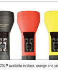 Three SL-20LP LED flashlights in black, orange, and yellow showing front detail and serialized feature