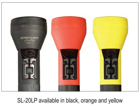 Three SL-20LP LED flashlights in black, orange, and yellow showing front detail and serialized feature