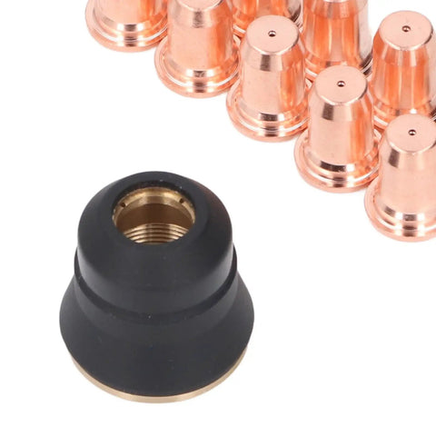 Jiawu Plasma Cutter Consumables Kit Durable Brass Parts For Fast Easy Repairs Boosting Cutting Quality And Safety For Pros And DIYers Saving Shop Time With Super Reliable Upgrades, featuring a black and brass protective nozzle.