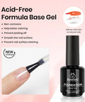 Pink Builder Gel No Wipe Gel Top Coat Base Coat Shine Finish bottle with application close-up and features list