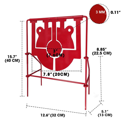 5 In 1 Pellet Gun Target With Auto Reset, Heavy Duty Spinning Gong System with red steel construction and measurements shown