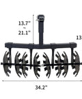 Beefy 34 Inch Disc Plow Harrow Heavy Duty With Adjustable Height And Wide Cut For ATV UTV Attachments Durable Steel Disc Plow Harrow With Universal 2 Inch Receiver Mount, shown from front with measurement dimensions.