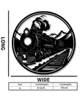 Industrial Steam Locomotive Metal Wall Art Plaque For Living Room Garage Office Porch Dope Vintage Train Decor Rustic Farmhouse Style Wall Sculpture Durable Laser Cut Metal, showing 12-inch round, silhouette of train with mountains in background.