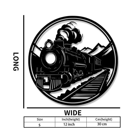 Industrial Steam Locomotive Metal Wall Art Plaque For Living Room Garage Office Porch Dope Vintage Train Decor Rustic Farmhouse Style Wall Sculpture Durable Laser Cut Metal, showing 12-inch round, silhouette of train with mountains in background.