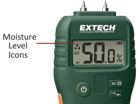 Front view of Pinless Moisture Meter For Wood And Building Materials For DIYers With Visual Moisture Icons And Audible Alerts.