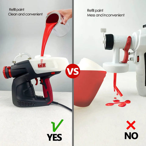 Comparison of paint refill methods using 600W HVLP Paint Sprayer With Three Spray Patterns And 800ml Cup, clean vs messy
