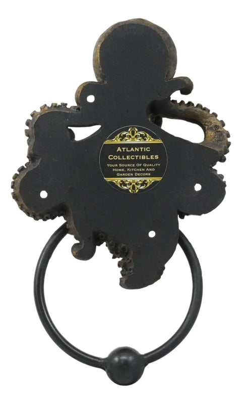 Back view of Nautical Gothic Mythical Sea Monster Door Knocker Wall Mount Polyresin Figurine in antique metallic finish