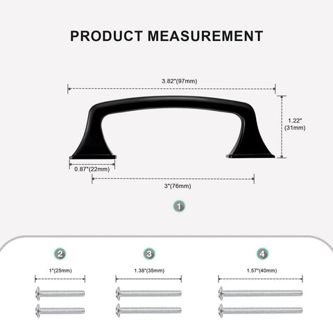 Product measurement for Matte Black Cabinet Pulls 76mm Hole Centers 3 Inch 10 Pack Solid Zinc Alloy Handles with 25mm and 35mm screws