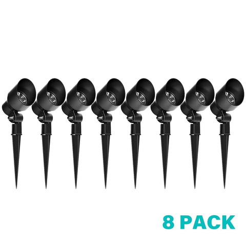 8-pack of 6 Watt LED Flood Lights for outdoor landscape lighting, black finish, easy stake install, waterproof spotlight for driveways, yards