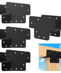 Four heavy-duty black steel Three Way T Bracket Pergola Kit for 4x4 wood beams, shown with installation example on wood.
