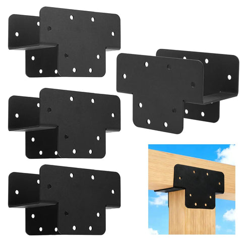 Four heavy-duty black steel Three Way T Bracket Pergola Kit for 4x4 wood beams, shown with installation example on wood.