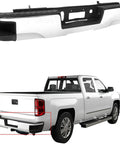 Chrome rear bumper assembly for 2014–2018 Silverado/Sierra 1500; shown loose above and installed on a white pickup.