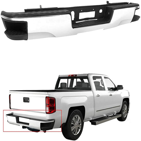 Chrome rear bumper assembly for 2014–2018 Silverado/Sierra 1500; shown loose above and installed on a white pickup.