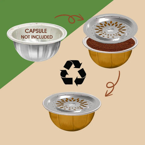 Reusable VertuoLine Capsule Lid Stainless Steel Cap Disc Food Grade 304 Durable Up To 10000 Uses No Odd Coffee Taste Easy To Use And Clean For Home Baristas No Bottom Capsules Included, showing capsule refill process with stainless steel lids and recyclable arrows.