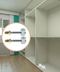 Invisible Furniture Connector Screw Nut Set 4 Piece 35mm Cabinet Assembly Hardware Kit next to empty cabinet shelves