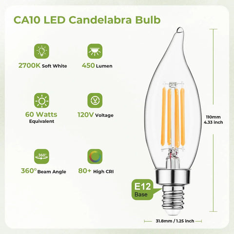 Candelabra LED Filament Bulbs Dimmable 60W Equivalent For Chandelier Lighting Soft White 2700K 500LM CA10 Flame Tip Specs