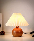 Cute Small Pleated Desk Lamp With Beige Shade, Modern Bedside Nightstand Light, Wood Pattern Metal Base, Cozy Vibe Setting