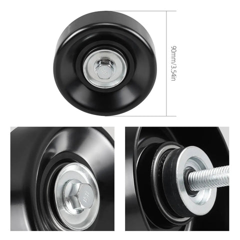 LS drive serpentine belt idler pulley with CNC machined gear, 90mm diameter, designed for 4.8L to 6.2L engines.